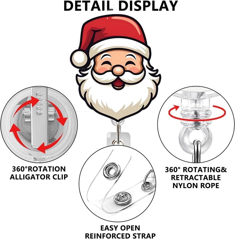 NSSHEL Cute Santa Christmas Badge Reel Retractable for Nurse Nursing RN CNA Doctor Medical Worker & Teacher Christmas Laughing Santa Claus Badge Holder with Alligator Clip for Holiday Gifts Holiday - Image 2
